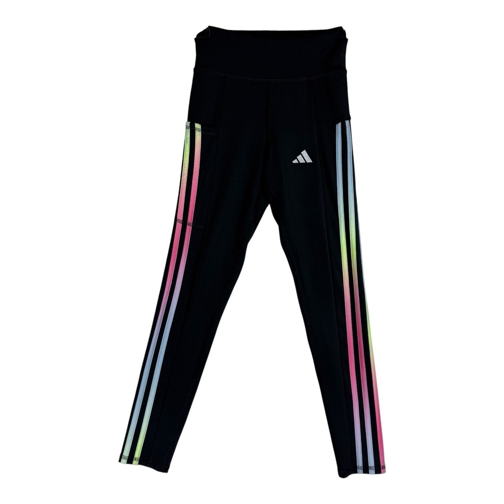 Adidas Leggings Girls 10-12 Black AEROREADY Ankle Pockets Rainbow 3-Stripes